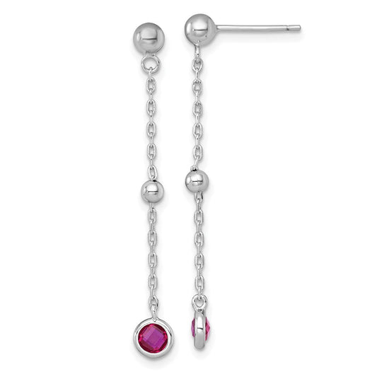QG7010E Sterling Silver Rhodium-plated Polished Bezel-set Round Red CZ Dangle Post Earrings
