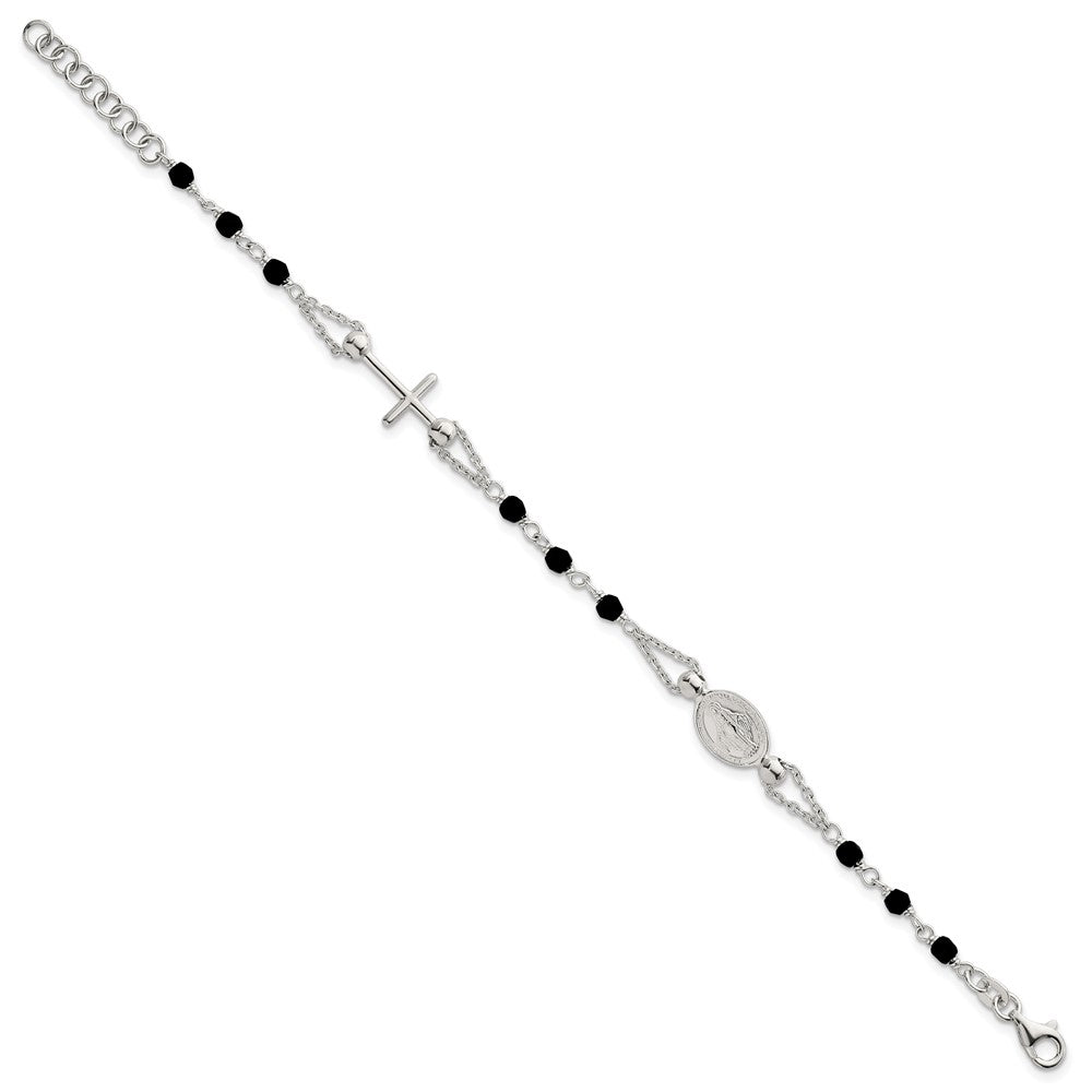 Sterling Silver Polished Beaded Black Glass 6.5 inch with 1 inch Extension Rosary-Design Bracelet QG7019-6.5