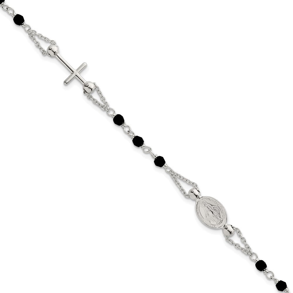Sterling Silver Polished Beaded Black Glass 6.5 inch with 1 inch Extension Rosary-Design Bracelet QG7019-6.5