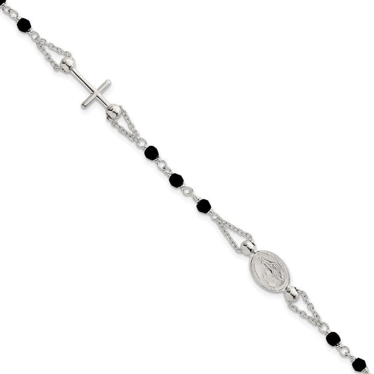 Sterling Silver Polished Beaded Black Glass 6.5 inch with 1 inch Extension Rosary-Design Bracelet QG7019-6.5