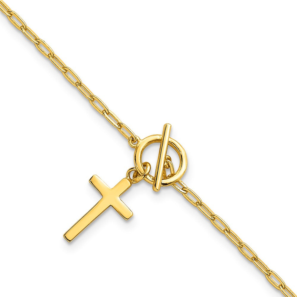 Sterling Silver Gold-tone Polished Cross Dangle Paperclip Link 6.5 Inch with 1 Inch Extension Bracelet QG7020GP-6.5