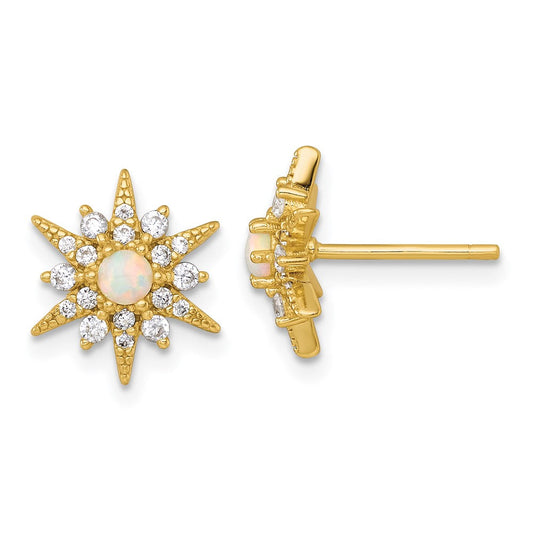QG7105EGP Sterling Silver Gold-Tone Polished Lab Created Opal and CZ Starburst Post Earrings