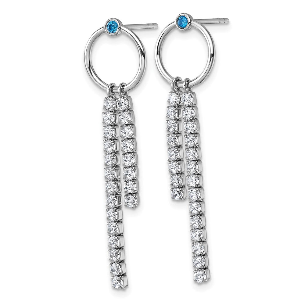 QG7108E Sterling Silver Rhodium-plated Blue and White CZ Circle with 2 Drops Dangle Post Earrings