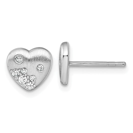 QG7109E Sterling Silver Rhodium-plated Brushed CZ Heart Post Earrings