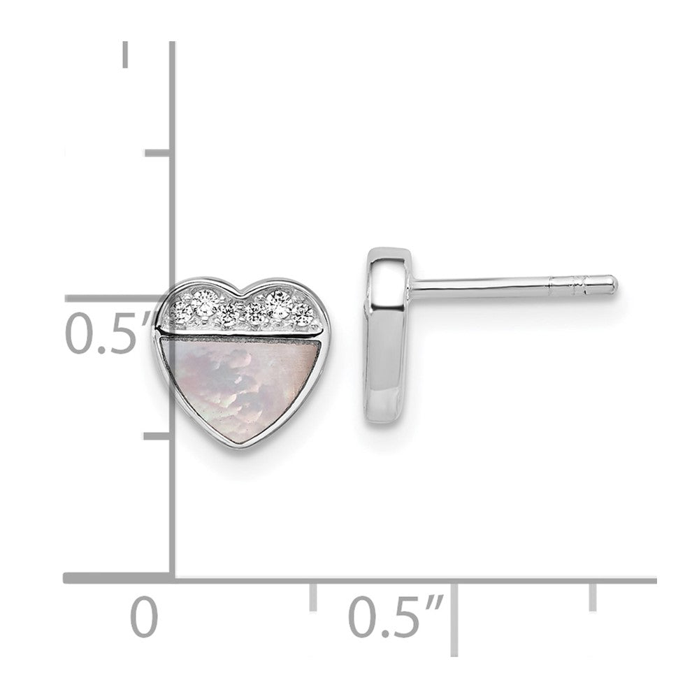 QG7110E Sterling Silver Rhodium-plated Polished Mother of Pearl and CZ Heart Post Earrings
