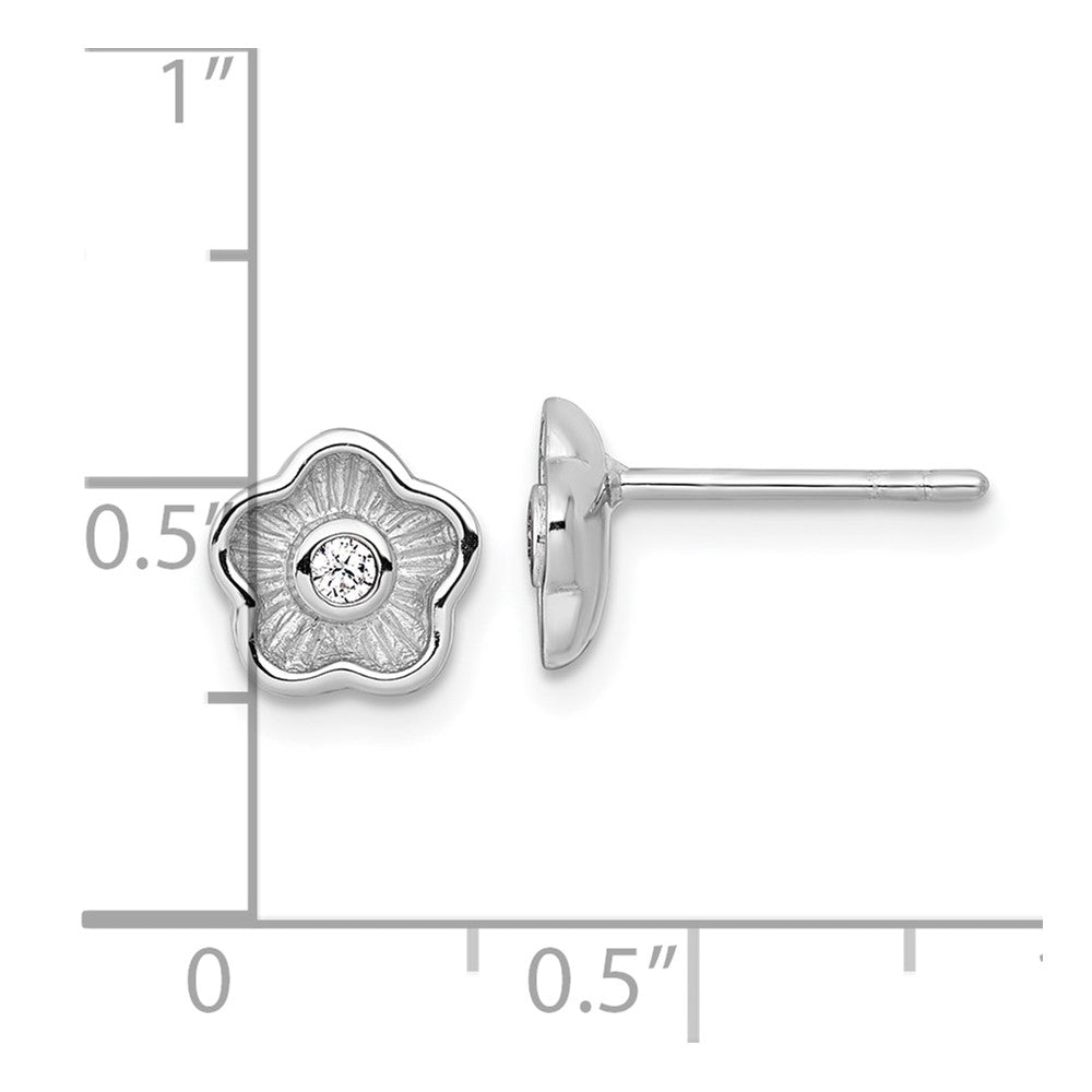 QG7114E Sterling Silver Rhodium-plated Polished Textured CZ Flower Post Earrings