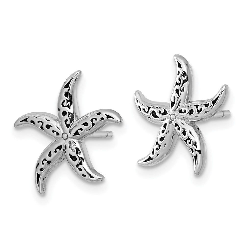 QG7116E Sterling Silver Rhodium-plated Polished and Oxidized Filigree Starfish Post Earrings