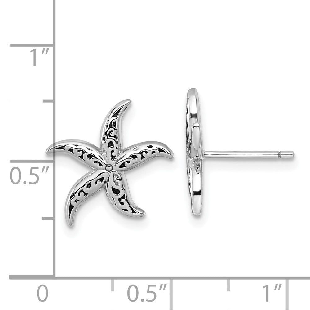 QG7116E Sterling Silver Rhodium-plated Polished and Oxidized Filigree Starfish Post Earrings
