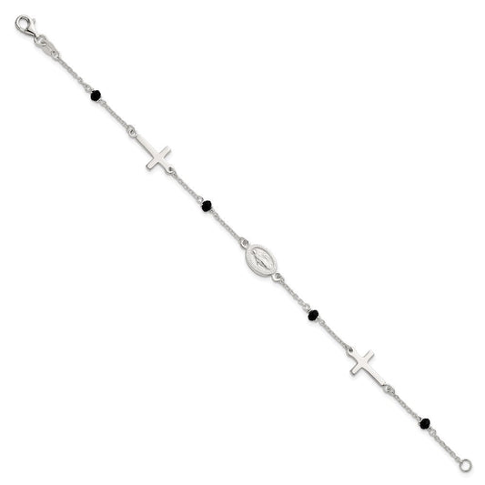 Sterling Silver Polished Spanish Miraculous Medal and Crosses with Black Glass Beads 7.5 inch Bracelet QG7121-7.5