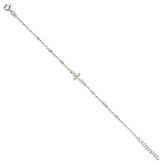 Sterling Silver Polished and Beaded White CZ Budded Cross 7 inch with 1 inch Extension Bracelet QG7122-7