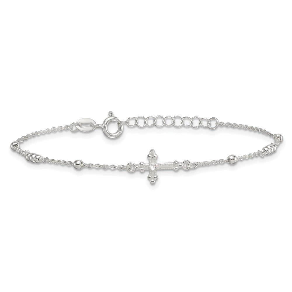 Sterling Silver Polished and Beaded White CZ Budded Cross 7 inch with 1 inch Extension Bracelet QG7122-7