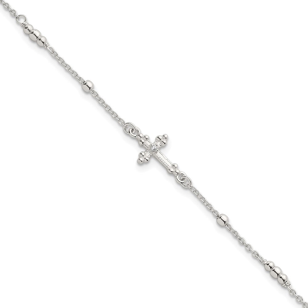Sterling Silver Polished and Beaded White CZ Budded Cross 7 inch with 1 inch Extension Bracelet QG7122-7