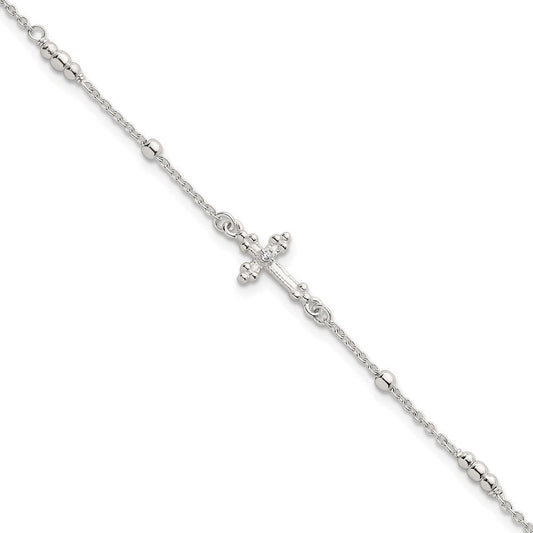 Sterling Silver Polished and Beaded White CZ Budded Cross 7 inch with 1 inch Extension Bracelet QG7122-7