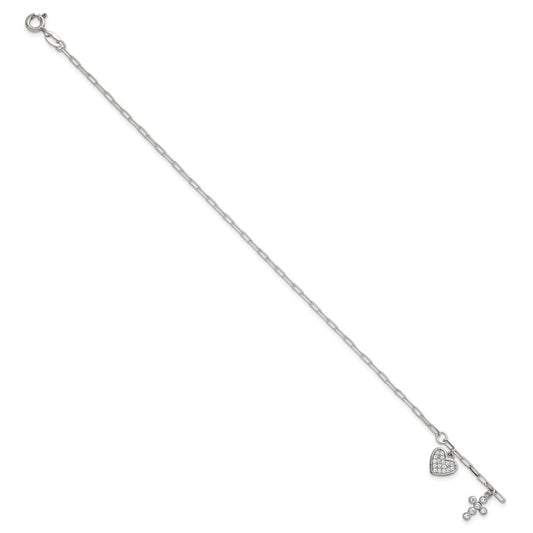 Sterling Silver Polished White CZ Heart and Cross Charms 7 inch with 1 inch Extension Bracelet QG7123-7