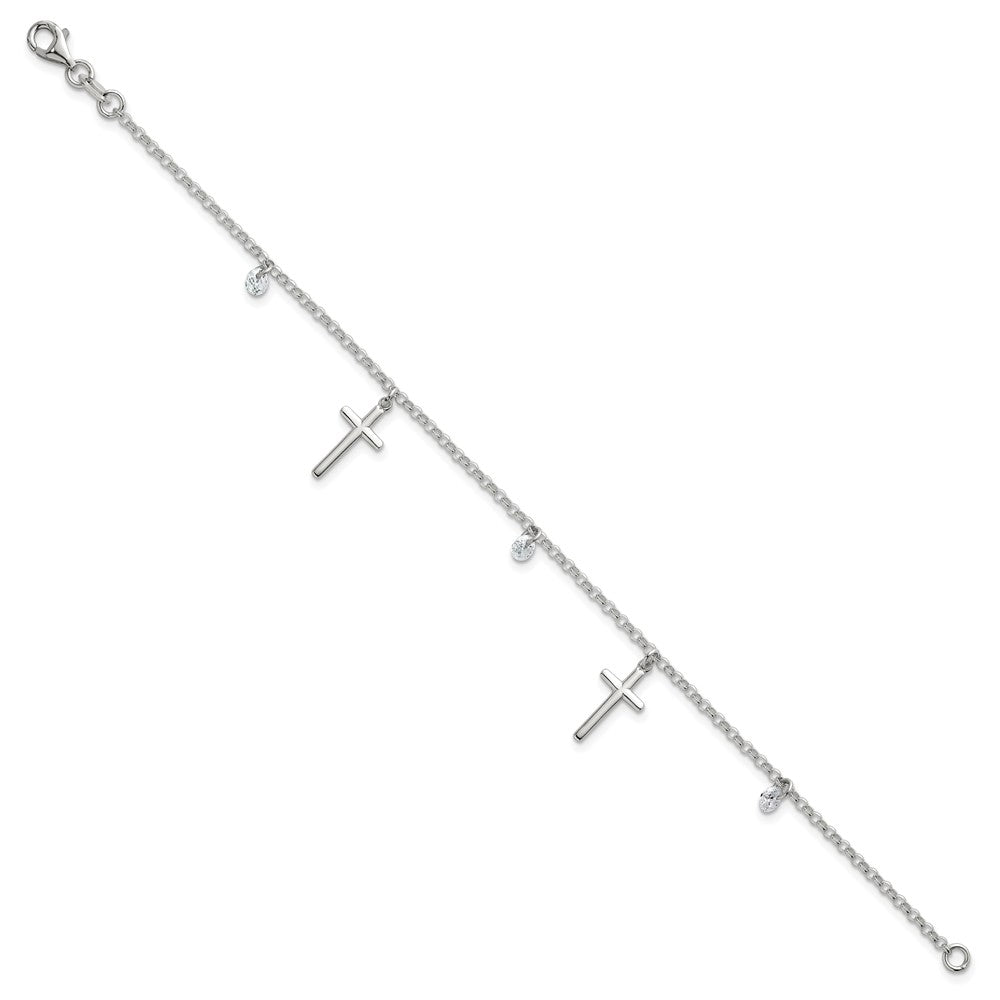 Sterling Silver Polished White CZ Dangles and Cross Charm 7.5 inch Bracelet QG7125-7.5