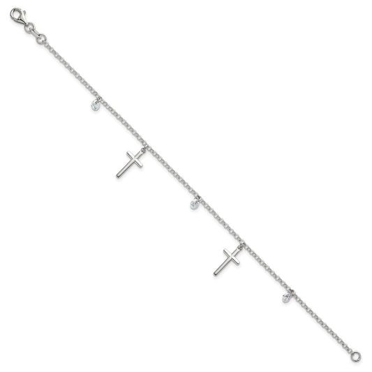 Sterling Silver Polished White CZ Dangles and Cross Charm 7.5 inch Bracelet QG7125-7.5