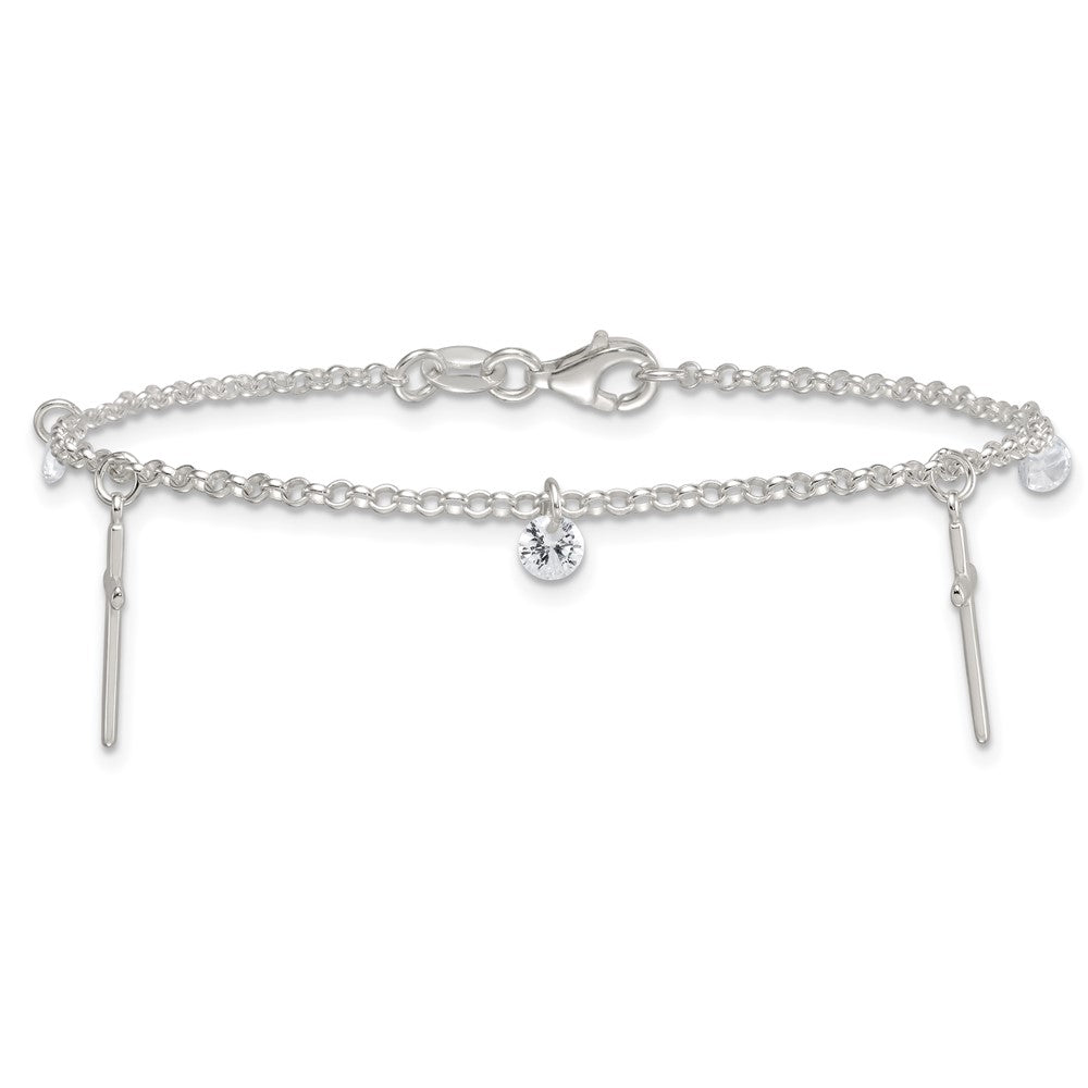 Sterling Silver Polished White CZ Dangles and Cross Charm 7.5 inch Bracelet QG7125-7.5