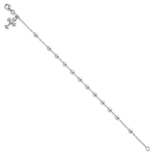 Sterling Silver Polished Beaded with White CZ Fleur de Lis Cross Charm 7.5 inch Bracelet QG7126-7.5