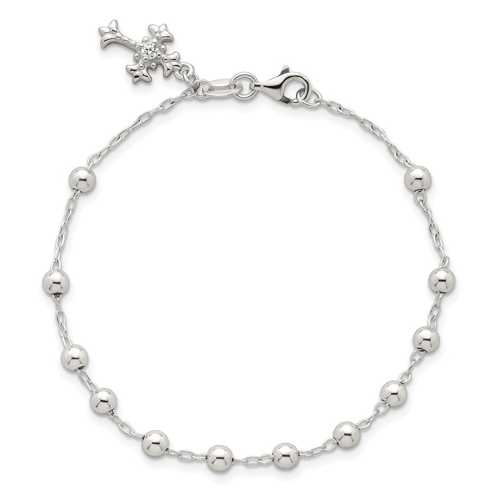 Sterling Silver Polished Beaded with White CZ Fleur de Lis Cross Charm 7.5 inch Bracelet QG7126-7.5
