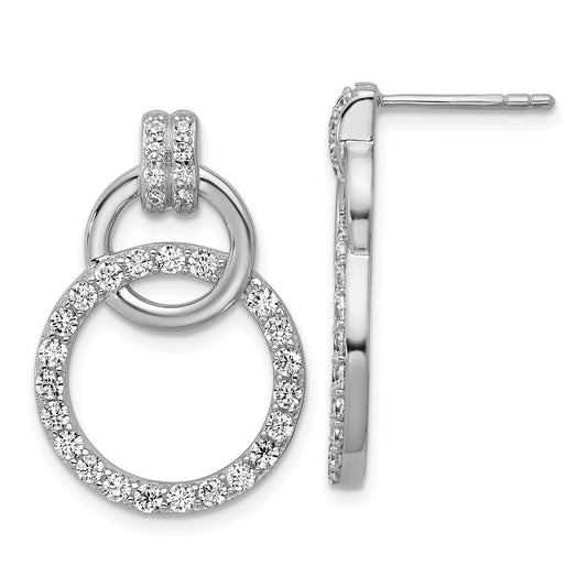 QG7135E Sterling Silver Rhodium-plated Polished CZ Two Circle Dangle Post Earrings