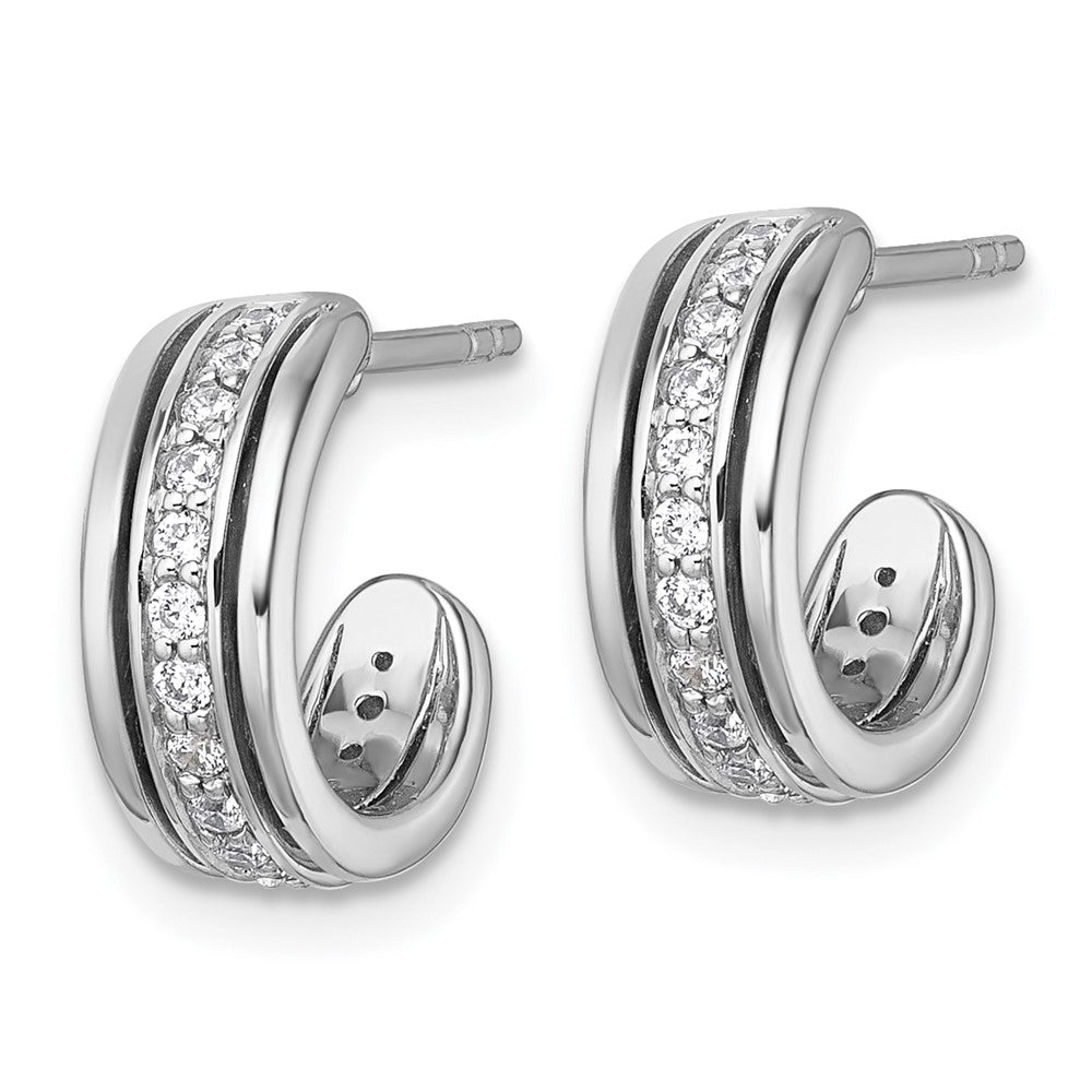 QG7155E Sterling Silver Rhodium-plated Polished White CZ J-Hoop Post Earrings