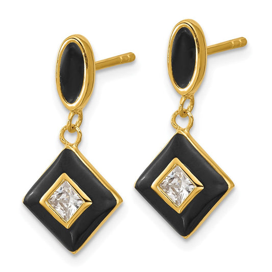 QG7169E Sterling Silver Gold-plated CZ and Black Enameled Dangle Post Earrings