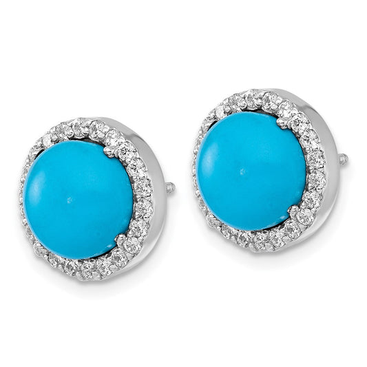 QG7185E Sterling Silver Rhodium-plated Polished CZ Halo and Reconstituted Turquoise Cabochon Circle Post Earrings