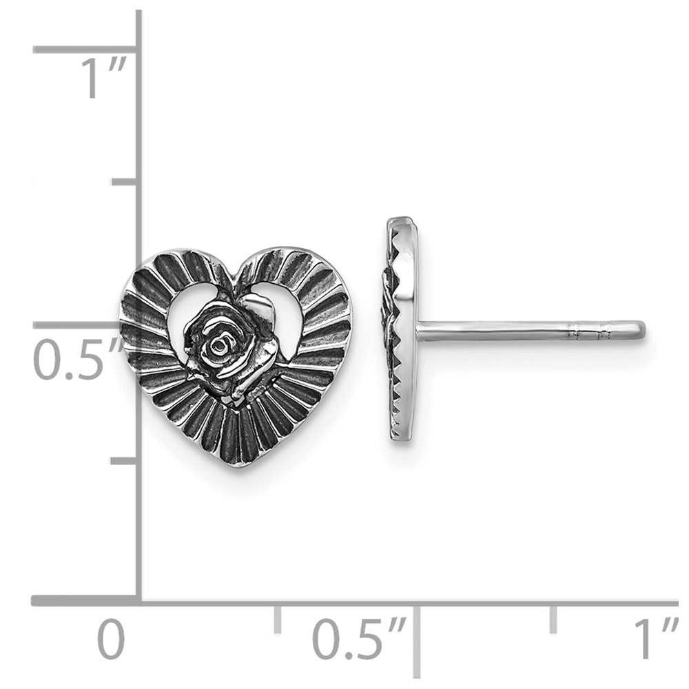 QG7199E Sterling Silver Antiqued Polished Open Heart With Flower Post Earrings