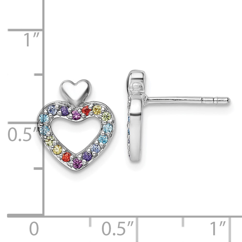 QG7202E Sterling Silver Rhodium-plated Polished Rainbow CZ Double Heart Post Earrings