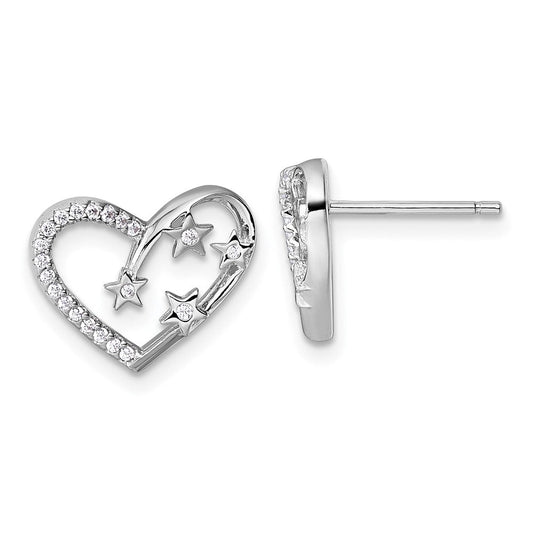 QG7205E Sterling Silver Rhodium-plated CZ Polished Open Heart with Stars Post Earrings
