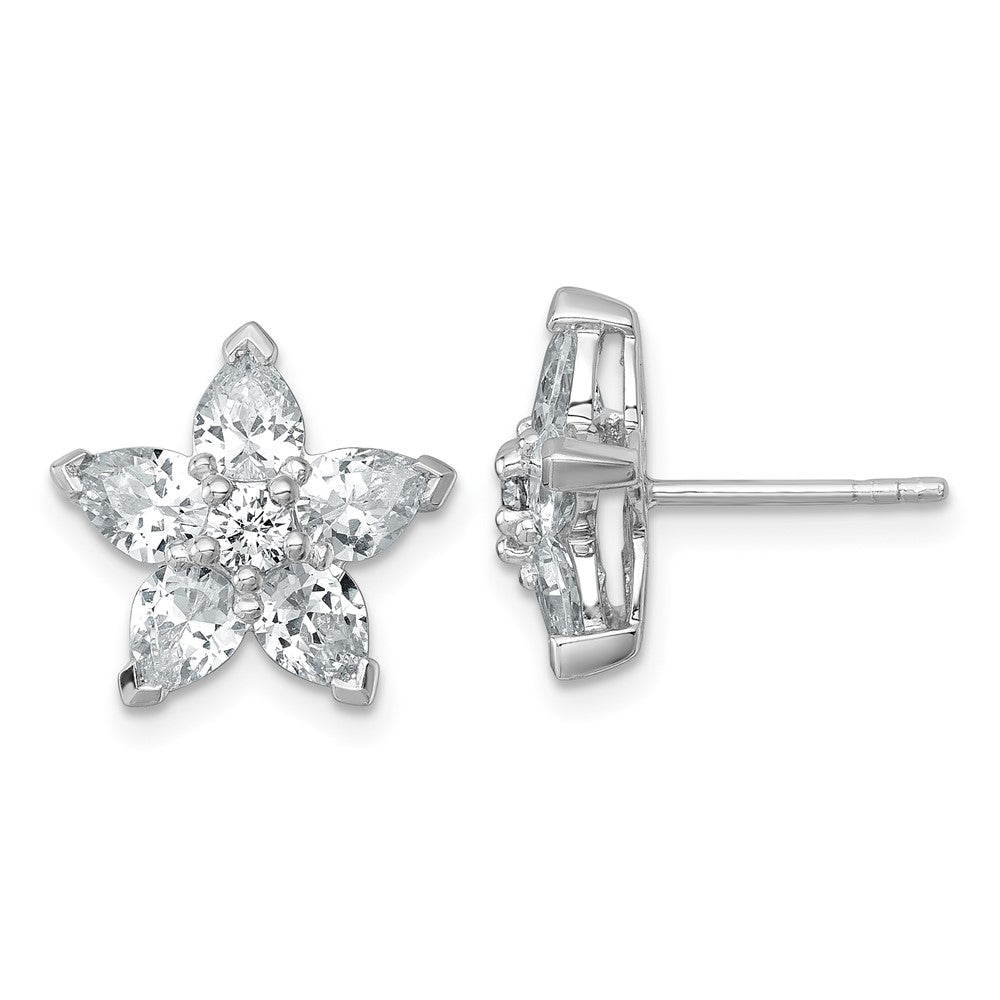QG7224E Sterling Silver Rhodium-plated Polished Round and Pear CZ Flower Post Earrings