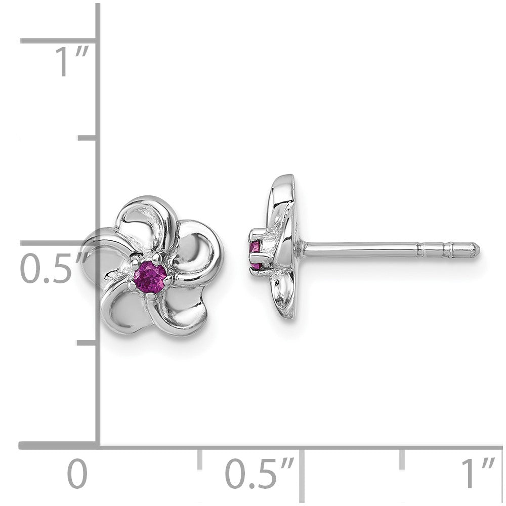 QG7228E Sterling Silver Rhodium-plated Polished Red CZ Flower Post Earrings