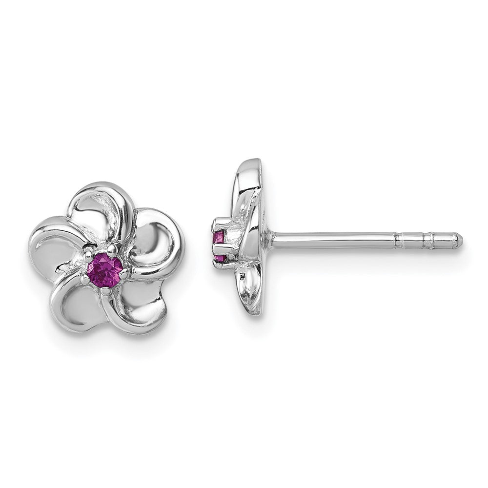 QG7228E Sterling Silver Rhodium-plated Polished Red CZ Flower Post Earrings