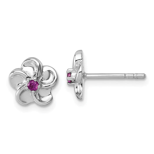 QG7228E Sterling Silver Rhodium-plated Polished Red CZ Flower Post Earrings