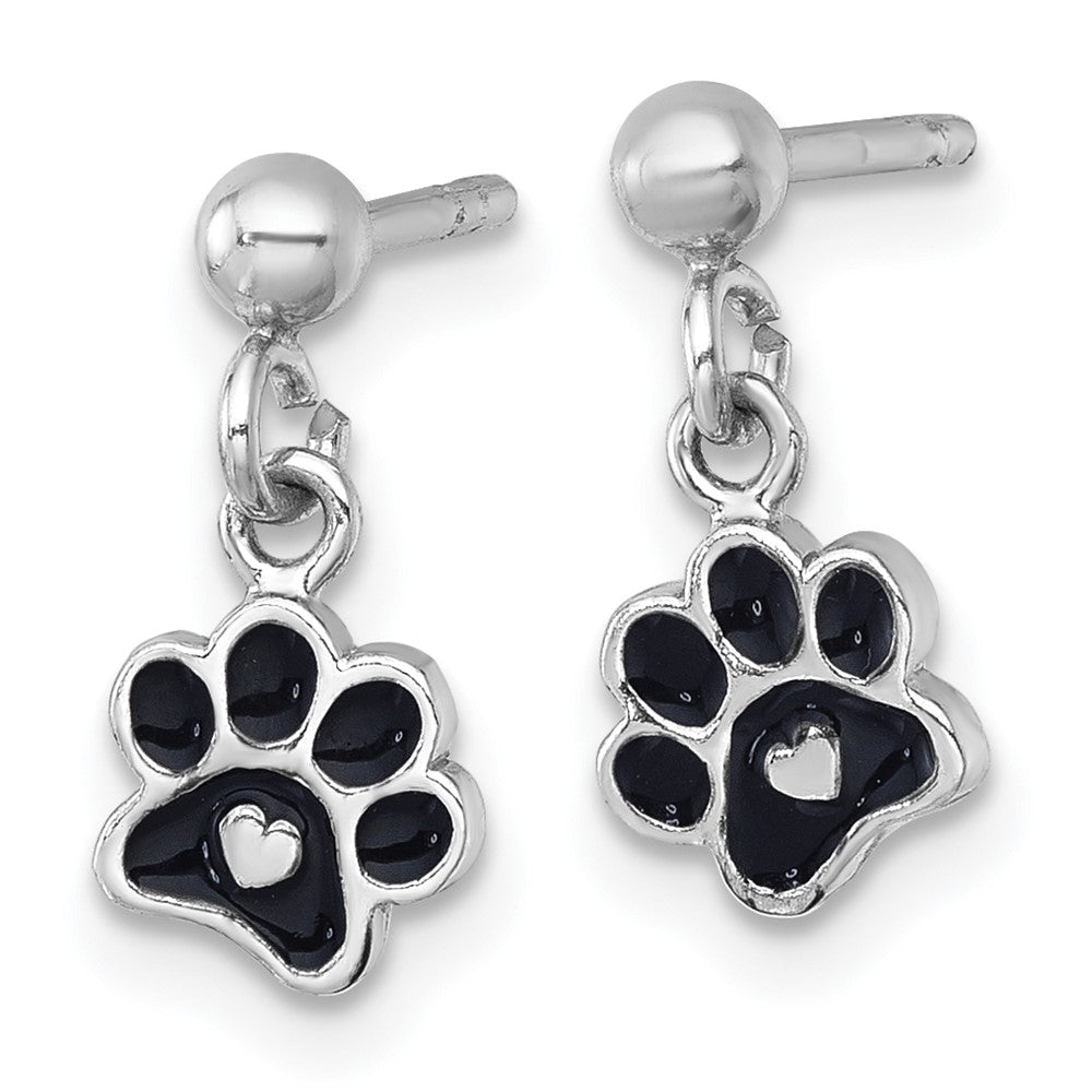 QG7238E Sterling Silver Rhodium-plated Polished Black Enamel Paw Print with Heart Dangle Post Earrings