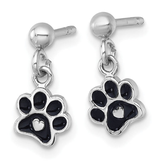 QG7238E Sterling Silver Rhodium-plated Polished Black Enamel Paw Print with Heart Dangle Post Earrings