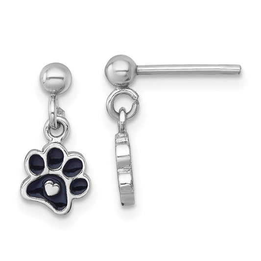 QG7238E Sterling Silver Rhodium-plated Polished Black Enamel Paw Print with Heart Dangle Post Earrings