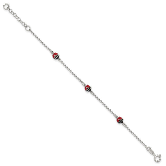 Sterling Silver Polished Red and Black Enameled Ladybugs 6 inch with 1 inch extension Childrens Bracelet QG7253-6