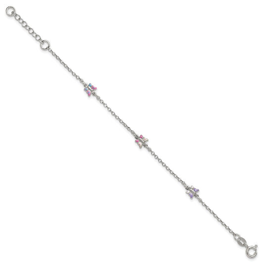 Sterling Silver Polished Pink/Purple/White/Blue Enameled Butterfly 6 inch with 1 inch extension Childrens Bracelet QG7254-6