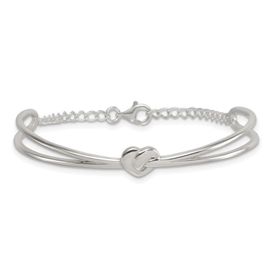 Sterling Silver Polished Twisted Heart Childrens Cuff Bracelet with Safety Chain QG7255