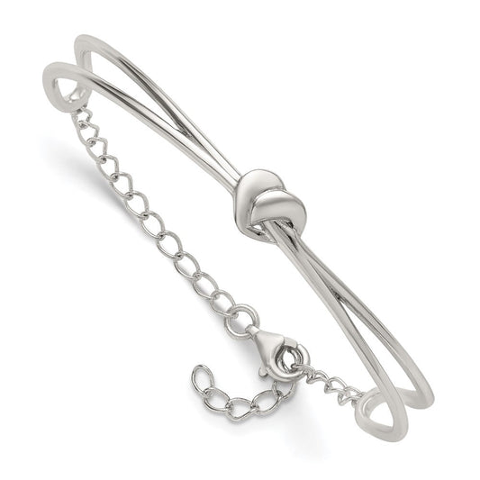 Sterling Silver Polished Twisted Heart Childrens Cuff Bracelet with Safety Chain QG7255