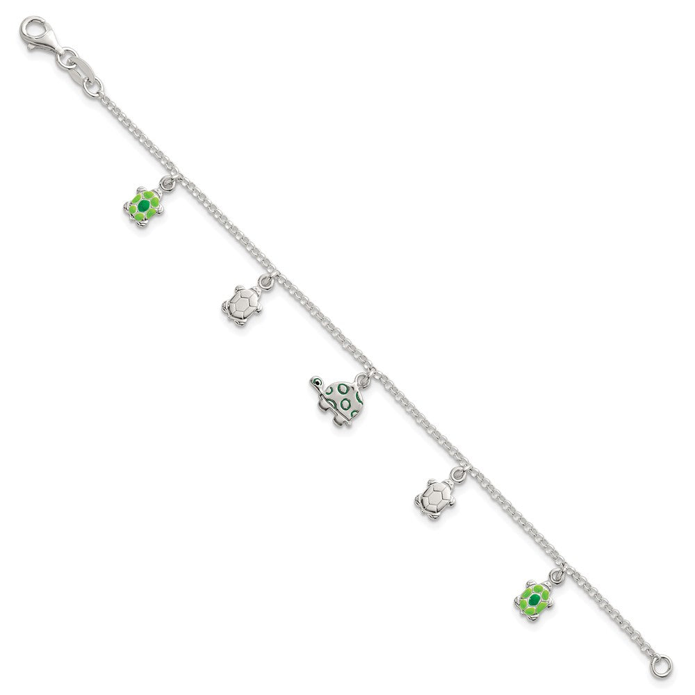 Sterling Silver Polished Green Enamel Turtles Childrens 6 inch Bracelet QG7256-6