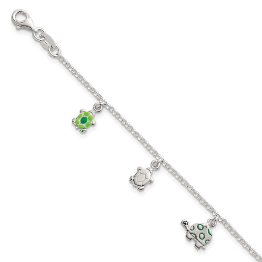Sterling Silver Polished Green Enamel Turtles Childrens 6 inch Bracelet QG7256-6
