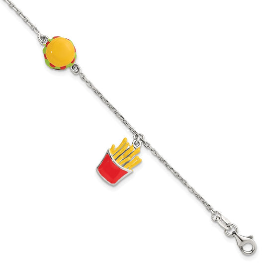 Sterling Silver Polished Multi-colored Enamel Burger and Fries Childrens 6 inch with 1 inch Extension Bracelet QG7257-6