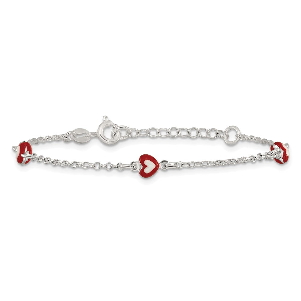 Sterling Silver Polished Red and White Enameled Hearts 6 inch with 1 inch extension Childrens Bracelet QG7258-6