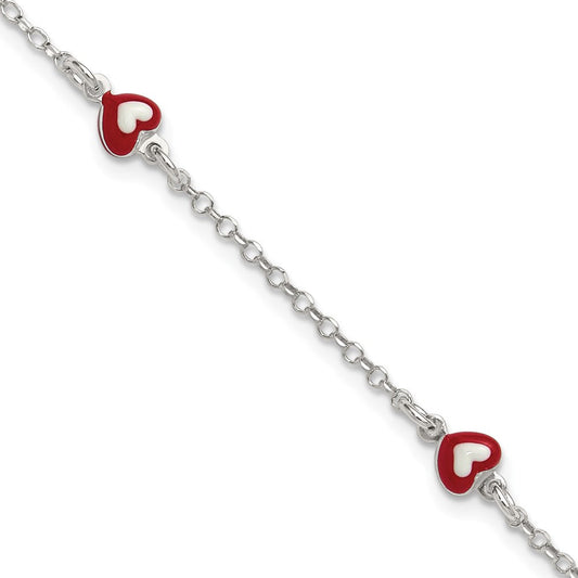 Sterling Silver Polished Red and White Enameled Hearts 6 inch with 1 inch extension Childrens Bracelet QG7258-6