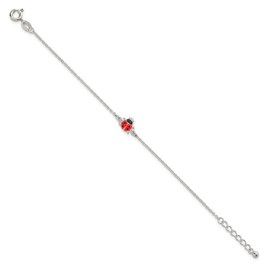 Sterling Silver Polished Red and Black Enameled Ladybug Childrens 5.5 inch with 1 inch Extension Bracelet QG7279-5.5