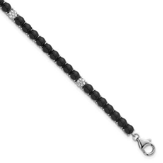 Sterling Silver Rhodium-plated Polished Pave CZ and Onyx 7.5 Inch with 1.5 Inch Extension Bracelet QG7284-7.5