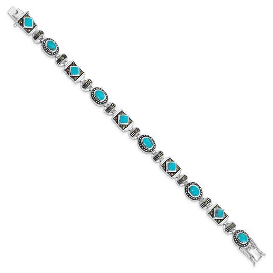 Sterling Silver Rhodium-plated Synth Turquoise and Marcasite Bracelet QH1035-7