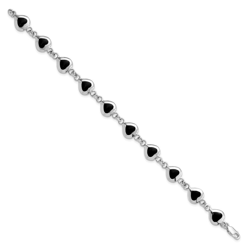 Sterling Silver Rhodium-plated 7inch Fancy Polished Heart Onyx Bracelet QH387-7